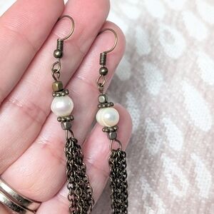 Elegant Pearl and Bronze Chain Earrings